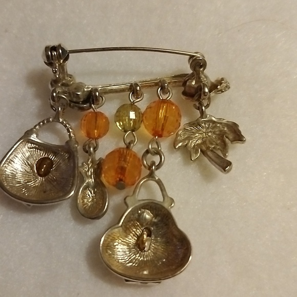 Vtg Silver Enamel painted pineapples & Palm tress w orange & green beads brooch - Picture 2 of 7